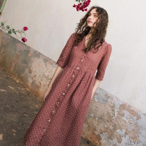 Custom Women's Polka Dot V-Neck Button Linen Dress Manufacturer | Linenwind