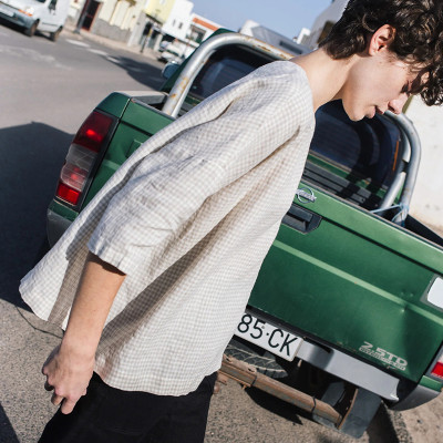 Custom 3/4 Sleeve Loose Check Linen Top Manufacturer | Linenwind