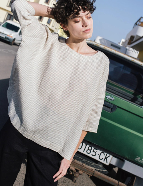 Custom 3/4 Sleeve Loose Check Linen Top Manufacturer | Linenwind