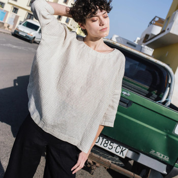 Custom 3/4 Sleeve Loose Check Linen Top Manufacturer | Linenwind