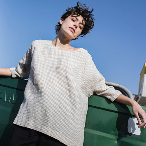 Custom 3/4 Sleeve Loose Check Linen Top Manufacturer | Linenwind