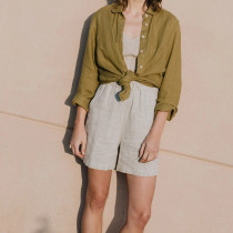Custom Natural Ecru Simple High Waist Linen Shorts Manufacturers | Linenwind