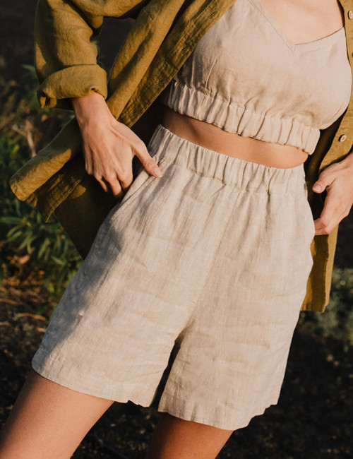 Custom Natural Ecru Simple High Waist Linen Shorts Manufacturers | Linenwind