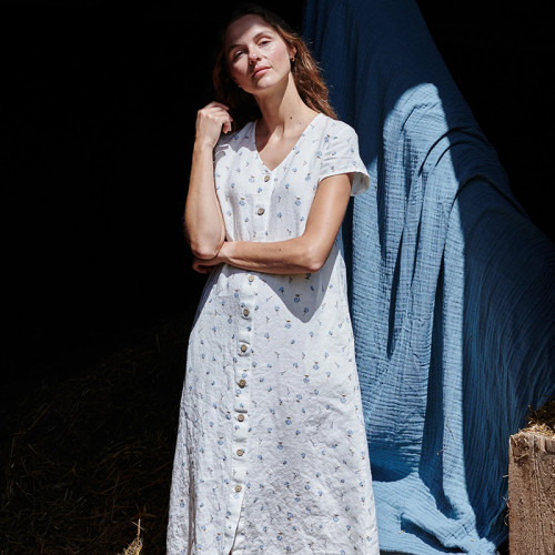 Custom Buttoned Long Floral Linen Dress Manufacturers | Linenwind