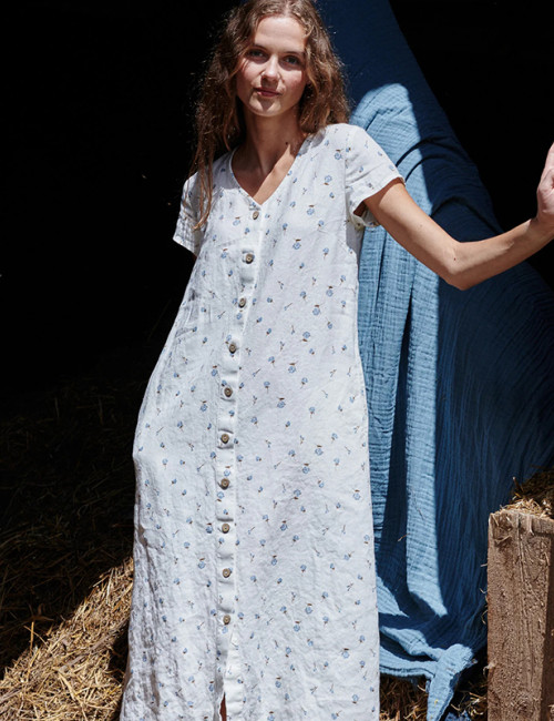 Custom Buttoned Long Floral Linen Dress Manufacturers | Linenwind