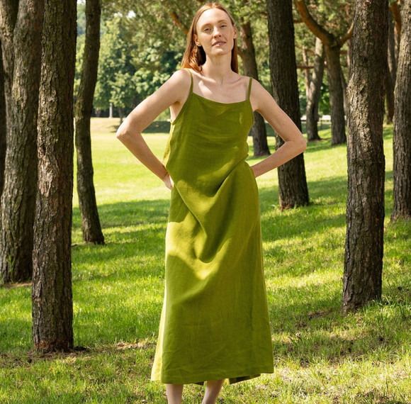 Custom Minimalist Green Sling Linen Maxi Dress Manufacturers | Linenwind