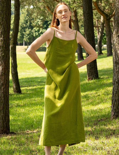 Custom Minimalist Green Sling Linen Maxi Dress Manufacturers | Linenwind