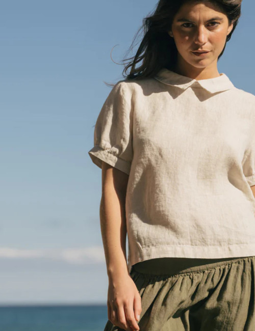 Custom Ladies Lapel Design Linen Short Sleeve Top Manufacturers | Linenwind