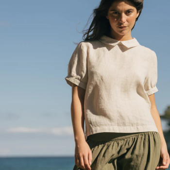 Custom Ladies Lapel Design Linen Short Sleeve Top Manufacturers | Linenwind