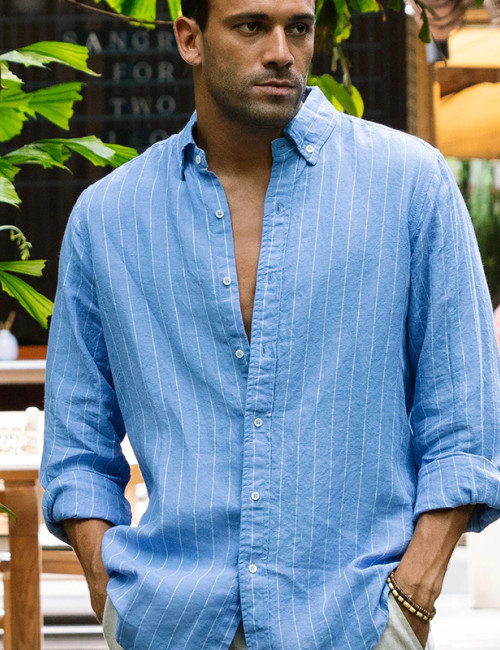Custom Men's Pinstripe Long Sleeve Linen Shirt Manufacturers | Linenwind