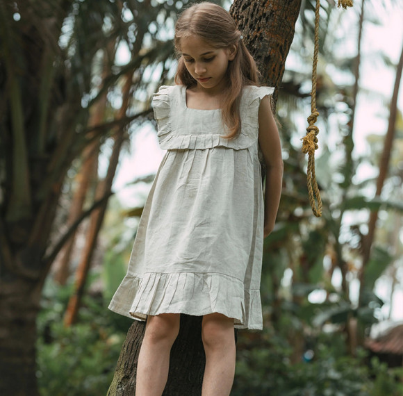 Custom Girls Square Neck Ruffled Linen Mini Dress Manufacturers | Linenwind