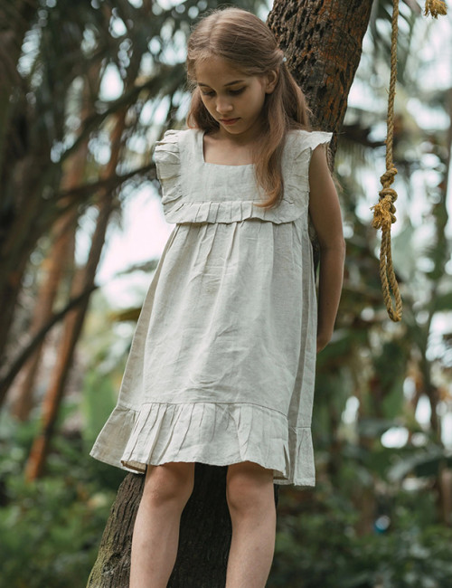 Custom Girls Square Neck Ruffled Linen Mini Dress Manufacturers | Linenwind