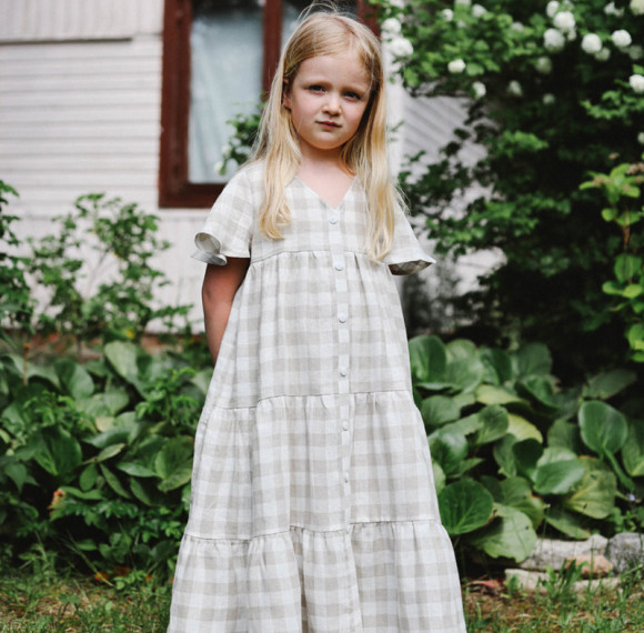 Custom Girls V-neck plaid Linen Maxi Dress  Manufacturers | Linenwind