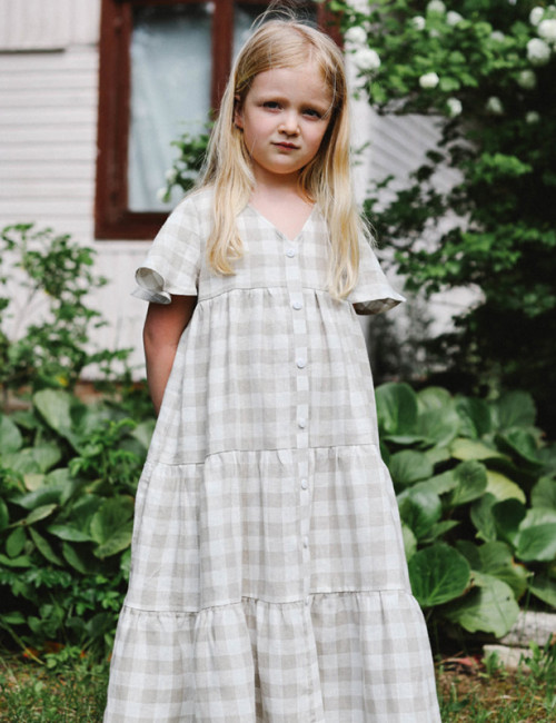 Custom Girls V-neck plaid Linen Maxi Dress  Manufacturers | Linenwind