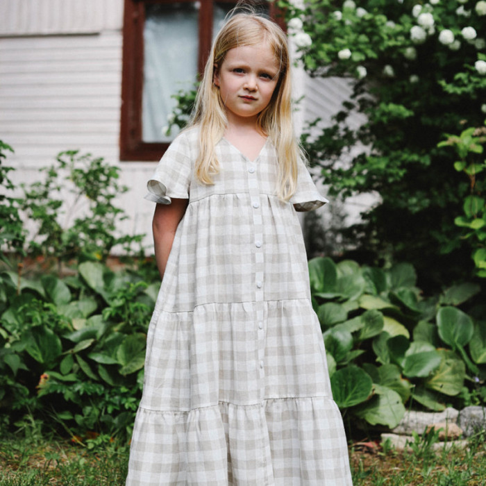 Custom Girls V-neck plaid Linen Maxi Dress  Manufacturers | Linenwind