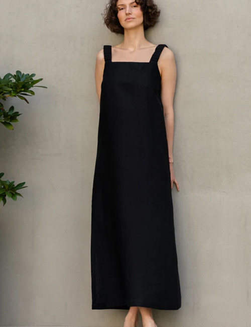 Tailored square neck halter with wide straps linen maxi dress Manufacturers | Linenwind