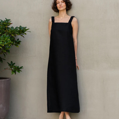 Tailored square neck halter with wide straps linen maxi dress Manufacturers | Linenwind