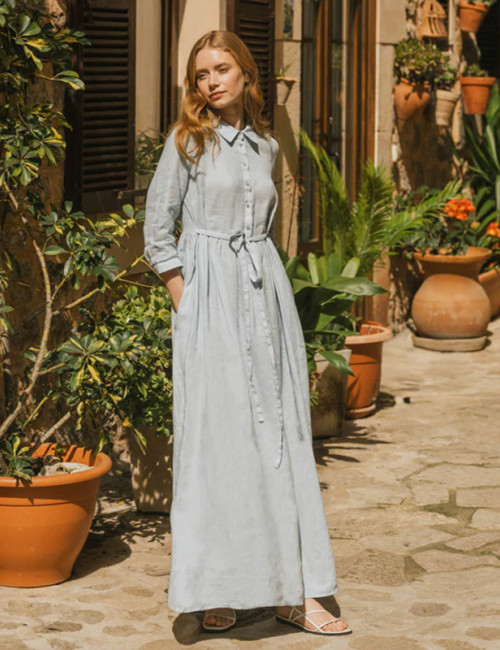 Tailored Lace Up Waist Long Sleeve Linen Maxi Dress Manufacturers | Linenwind