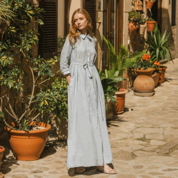 Custom Lace Up Waist Long Sleeve Linen Maxi Dress Manufacturers | Linenwind