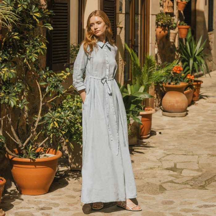 Tailored Lace Up Waist Long Sleeve Linen Maxi Dress Manufacturers | Linenwind