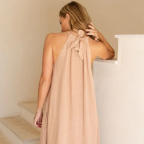 Nude Beige Linen Halter Maxi Dress – Back Tie Summer Elegance