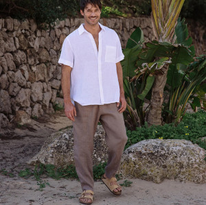 Custom Men's Pocket White Linen Short Sleeve Shirt Manufacturer | Linenwind