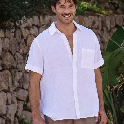 Custom Men's Pocket White Linen Short Sleeve Shirt Manufacturer | Linenwind