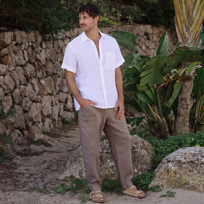 Men White Linen Short Sleeve Shirt | Breathable Summer Casual Shirt