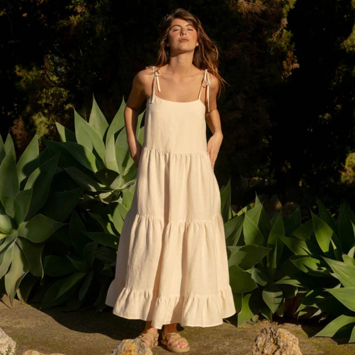 Custom Strappy Layered Linen Maxi Dress Manufacturer | Linenwind