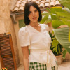 Custom V-Neck Puff Sleeve Wrap Linen Top Manufacturer | Linenwind