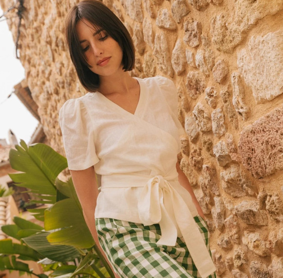 Custom V-Neck Puff Sleeve Wrap Linen Top Manufacturer | Linenwind