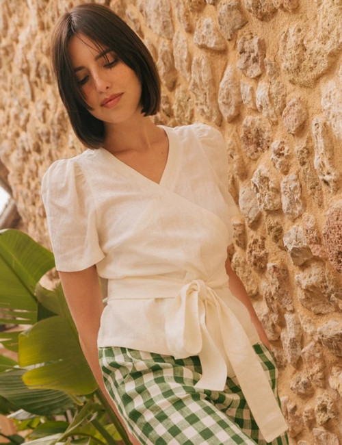 Custom V-Neck Puff Sleeve Wrap Linen Top Manufacturer | Linenwind