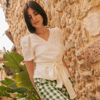 Custom V-Neck Puff Sleeve Wrap Linen Top Manufacturer | Linenwind