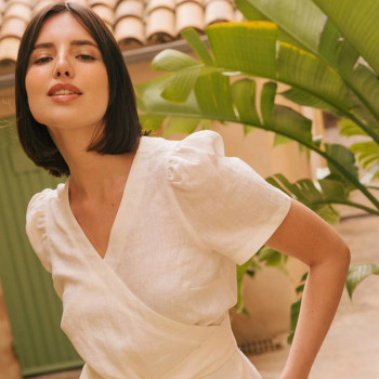 Custom V-Neck Puff Sleeve Wrap Linen Top Manufacturer | Linenwind