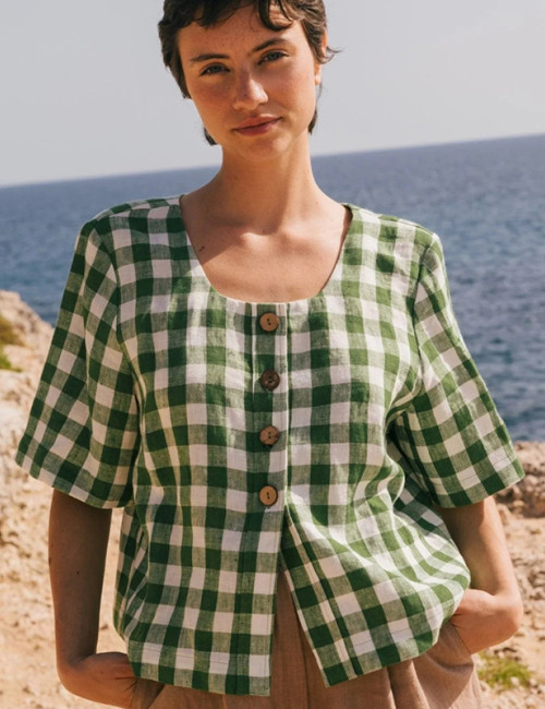 Custom Square Neck Short Sleeve Buttoned Linen Plaid Blouse Manufacturer | Linenwind