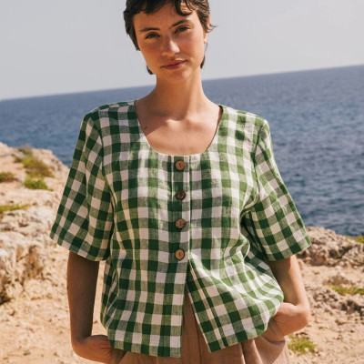 Custom Square Neck Short Sleeve Buttoned Linen Plaid Blouse Manufacturer | Linenwind