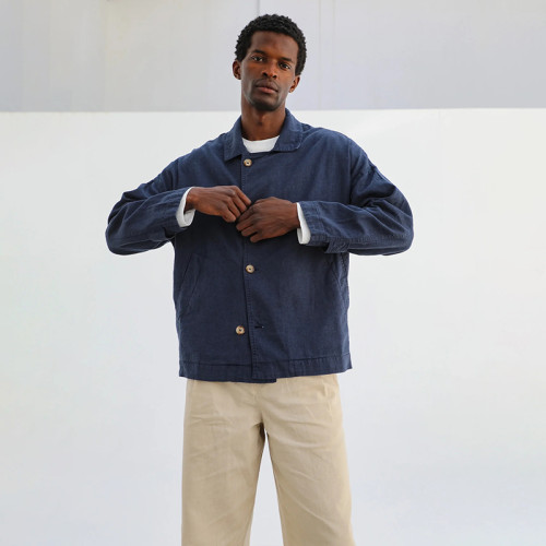 Custom Men's Navy Blue Casual Linen Overshirt Manufacturer | Linenwind