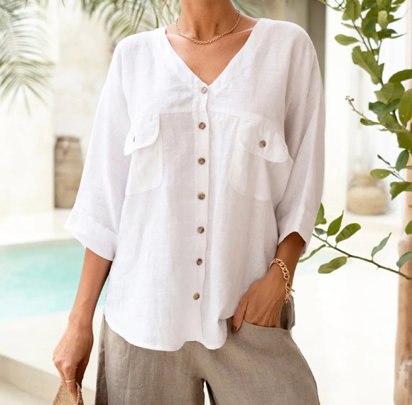 Custom Women's White Casual Vacation Linen V-Neck blouse Manufacturer | Linenwind