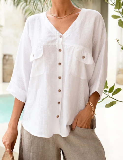 Custom Women's White Casual Vacation Linen V-Neck blouse Manufacturer | Linenwind