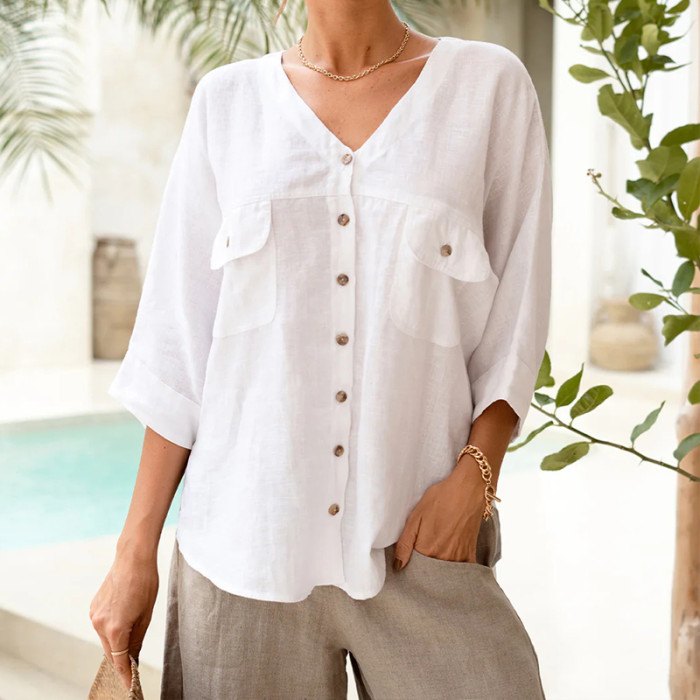 Custom Women's White Casual Vacation Linen V-Neck blouse Manufacturer | Linenwind