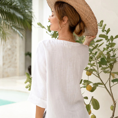 Custom Women's White Casual Vacation Linen V-Neck blouse Manufacturer | Linenwind