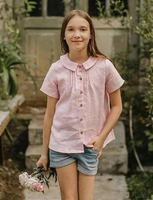 Custom Girls’Pink Short Sleeve Linen Shirt Manufacturer | Linenwind