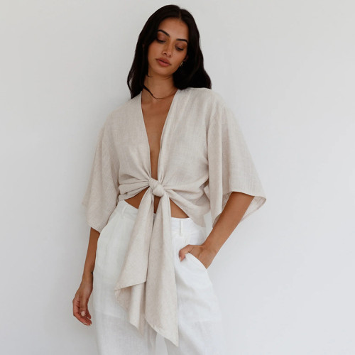Custom Women’s Tie-Front Short Sleeve Linen Blouse Manufacturer | Linenwind