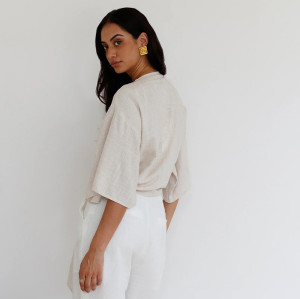 Custom Women’s Tie-Front Short Sleeve Linen Blouse Manufacturer | Linenwind
