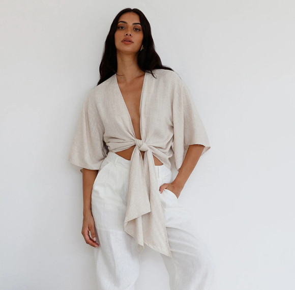 Custom Women’s Tie-Front Short Sleeve Linen Blouse Manufacturer | Linenwind
