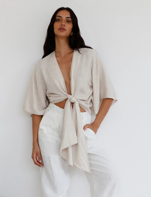 Custom Women’s Tie-Front Short Sleeve Linen Blouse Manufacturer | Linenwind
