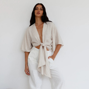 Custom Women’s Tie-Front Short Sleeve Linen Blouse Manufacturer | Linenwind