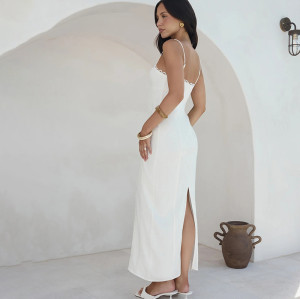 Custom Women’s White Linen Maxi Dress with Side Slit Manufacturer | Linenwind