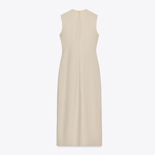 Custom Women Sleeveless Beige Resort-Style Casual Linen Maxi Dress Manufacturer