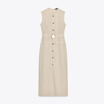 Custom Women Sleeveless Beige Resort-Style Casual Linen Maxi Dress Manufacturer